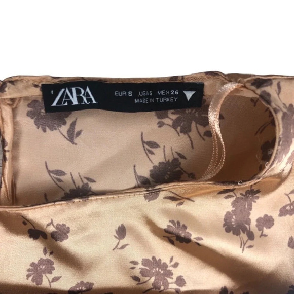 Zara Long Sleeve Floral Satin Crop Top | Brown and Tan | Size S - Picture 4 of 7